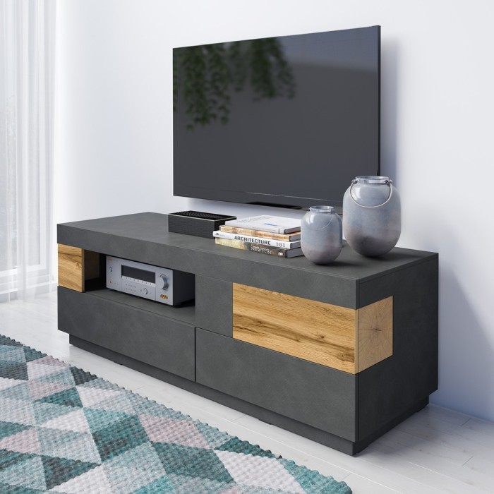Meuble TV 160cm collection KILES. Coloris gris anthracite et chêne. Style design