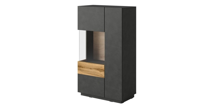 Buffet haut avec collection KILES deux portes. Coloris gris anthracite et chêne. Porte vitrée à gauche
