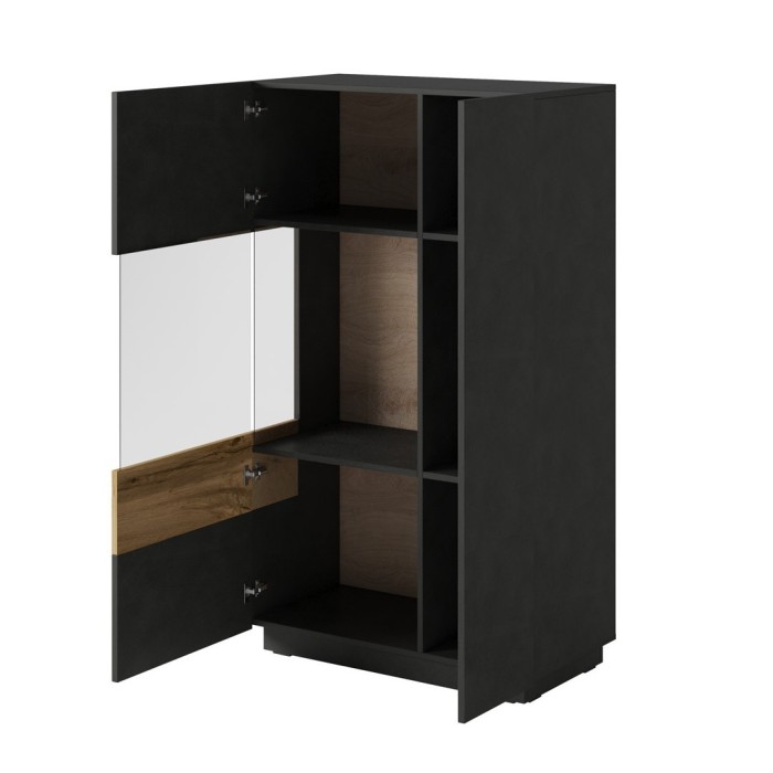 Buffet haut avec collection KILES deux portes. Coloris gris anthracite et chêne. Porte vitrée à gauche