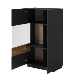 Buffet haut avec collection KILES deux portes. Coloris gris anthracite et chêne. Porte vitrée à gauche