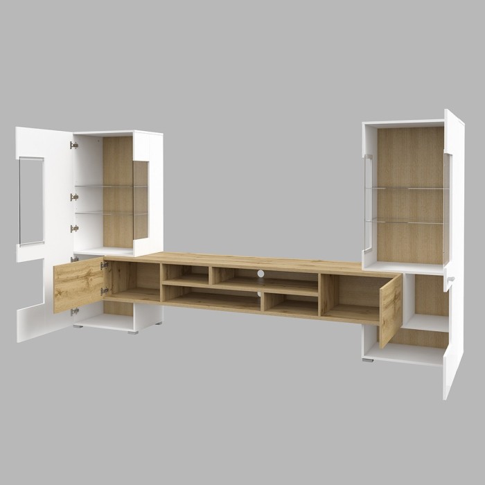 Ensemble de 3 meubles de salon collection KOBEE. Couleur blanc et chêne