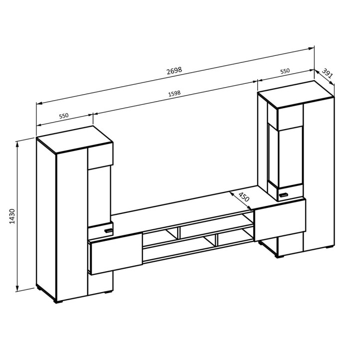 Ensemble de 3 meubles de salon collection KOBEE. Couleur noir et chêne