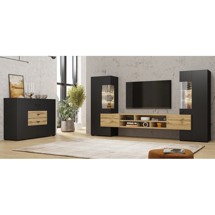Ensemble de 3 meubles de salon collection KOBEE. Couleur noir et chêne