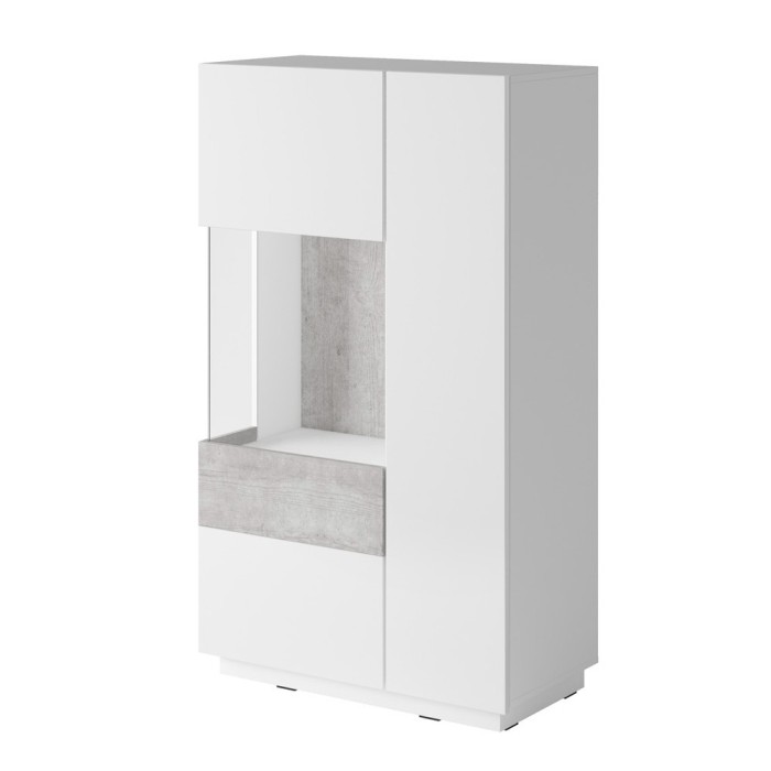 Buffet haut avec collection KILES deux portes. Coloris blanc et gris béton. Porte vitrée à gauche