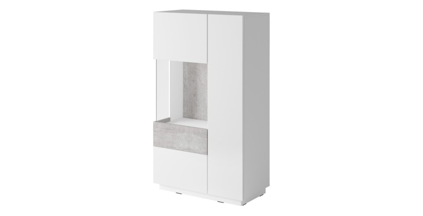 Buffet haut avec collection KILES deux portes. Coloris blanc et gris béton. Porte vitrée à gauche