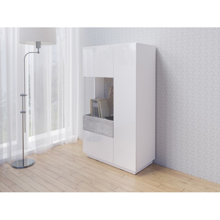 Buffet haut avec collection KILES deux portes. Coloris blanc et gris béton. Porte vitrée à gauche