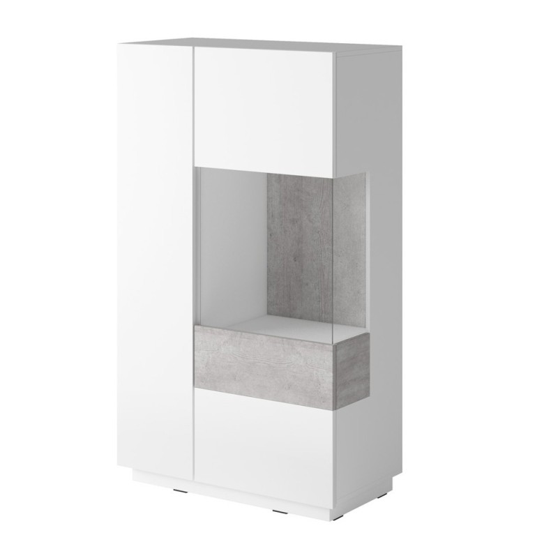 Buffet haut avec collection KILES deux portes. Coloris blanc et gris béton. Porte vitrée à droite