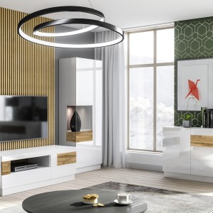 Vitrine, bibliothèque, vaisselier KILES coloris gris blanc et chêne. Modèle vitrine gauche.