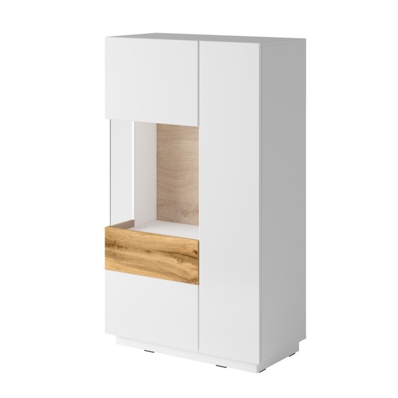 Buffet haut avec collection KILES deux portes. Coloris blanc et chêne. Porte vitrée à gauche