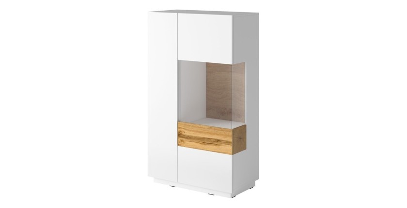 Buffet haut collection KILES deux portes. Coloris blanc et chêne. Porte vitrée à droite