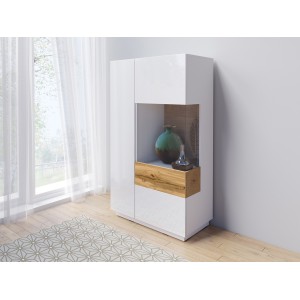 Buffet haut collection KILES deux portes. Coloris blanc et chêne. Porte vitrée à droite