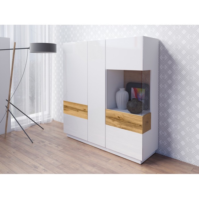 Buffet haut KILES trois portes. Coloris blanc et chêne. Style design