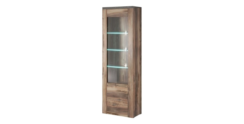 Vitrine haute design 1 porte, collection SANTIAGO. Coloris noyer et noir effet bois