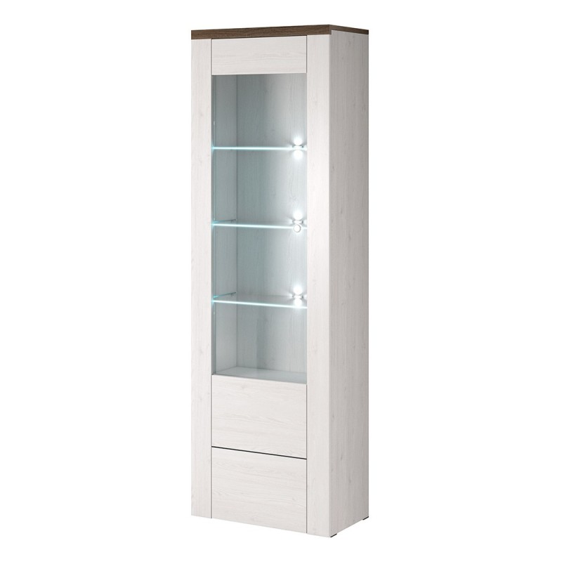 Vitrine haute design 1 porte collection SANTIAGO. Coloris blanc effet bois et chêne