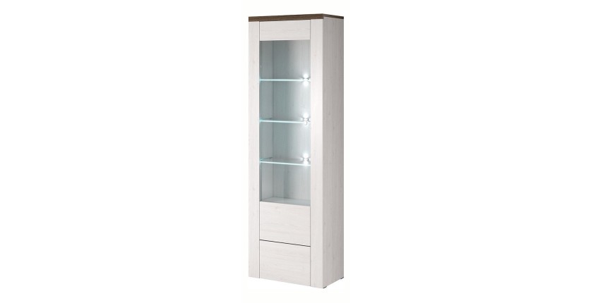 Vitrine haute design 1 porte collection SANTIAGO. Coloris blanc effet bois et chêne