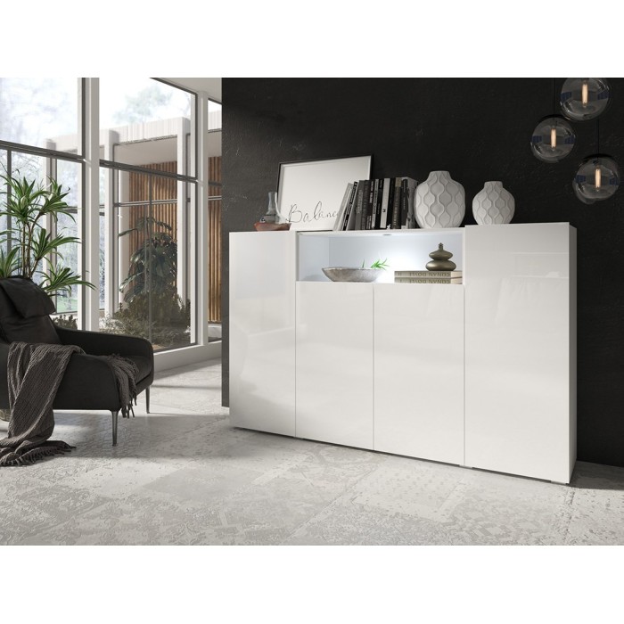 Buffet haut XL avec 4 portes et 1 niche couleur blanc brillant collection PAROS