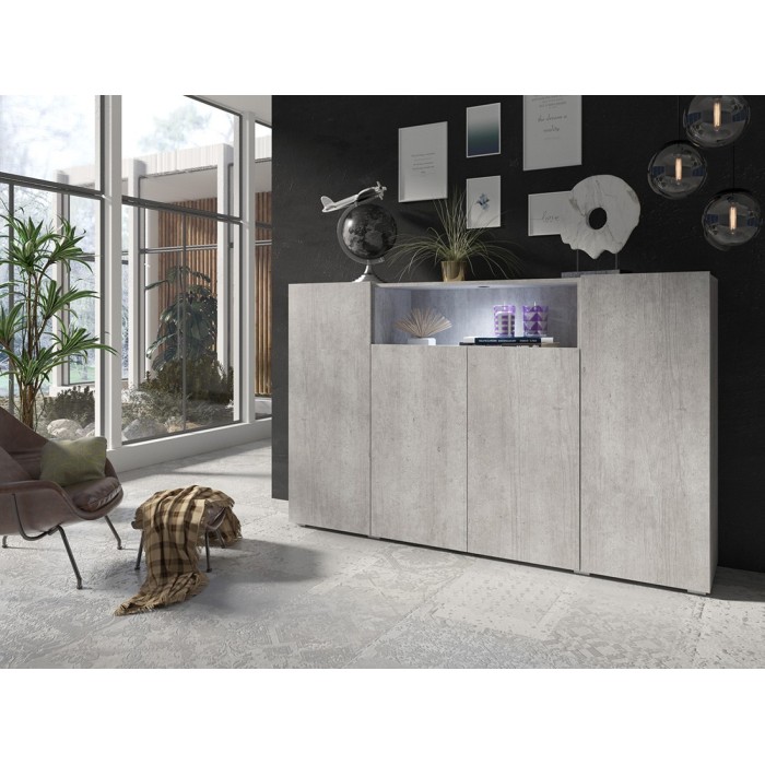 Buffet haut XL avec 4 portes et 1 niche, couleur gris aspect béton collection PAROS
