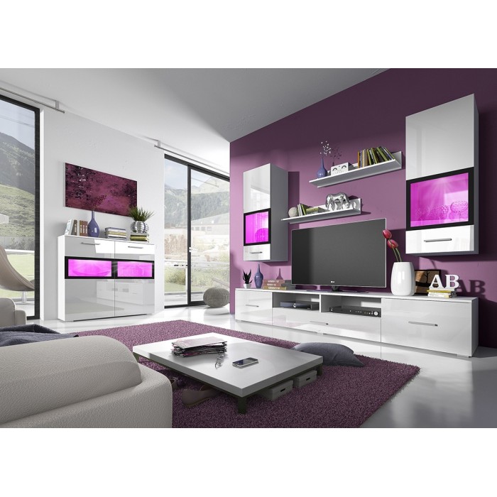 Buffet 90cm pour salon avec 2 portes vitrées couleur blanc brillant collection CONNOR