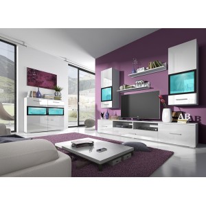 Buffet 90cm pour salon avec 2 portes vitrées couleur blanc brillant collection CONNOR