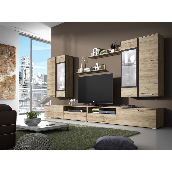 Composition XL de 8 meubles design pour salon couleur chêne et gris anthracite collection CONNOR