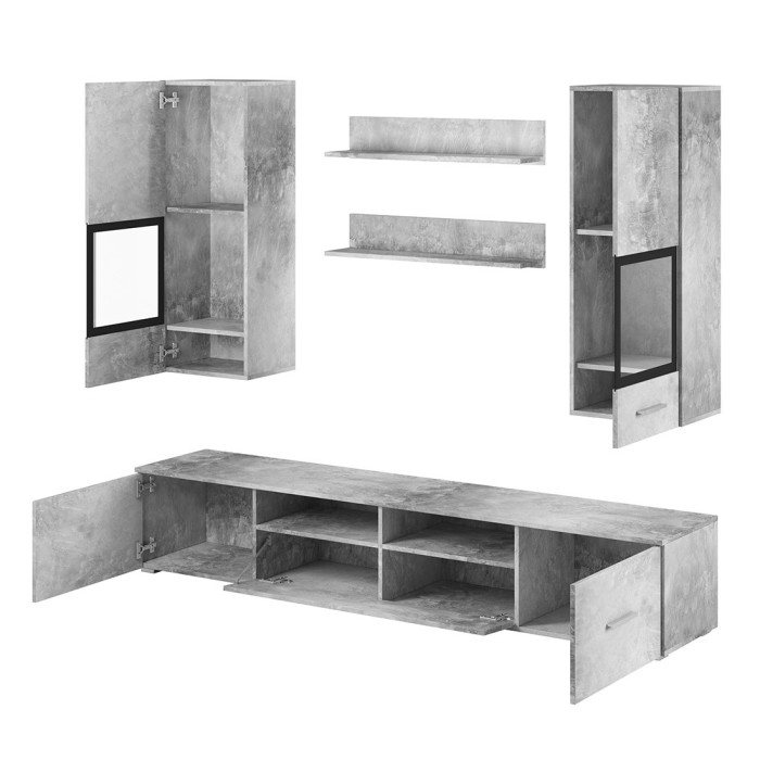 Composition de 5 meubles design pour salon coloris gris effet béton collection CONNOR