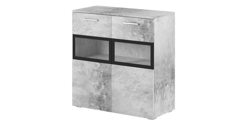 Buffet 90cm pour salon avec 2 portes vitrées couleur gris effet béton collection CONNOR
