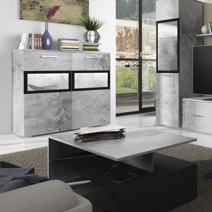 Buffet 90cm pour salon avec 2 portes vitrées couleur gris effet béton collection CONNOR