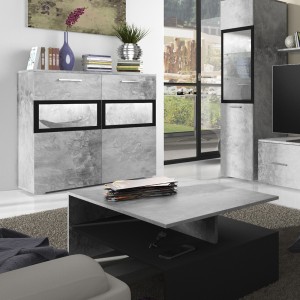 Buffet 90cm pour salon avec 2 portes vitrées couleur gris effet béton collection CONNOR