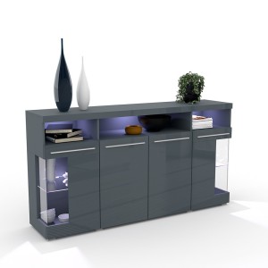 Buffet XL 180cm avec 4 portes couleur gris brillant collection BOMBAY