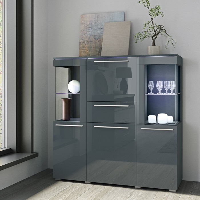 Buffet haut pour salon couleur gris brillant collection BOMBAY