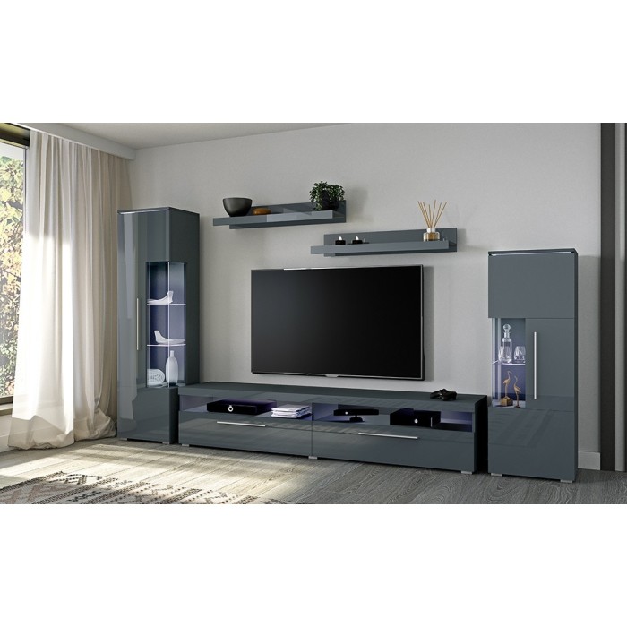 Composition de 5 meubles design pour salon coloris gris brillant collection BOMBAY