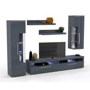 Composition de 5 meubles pour salon coloris gris brillant collection BOMBAY