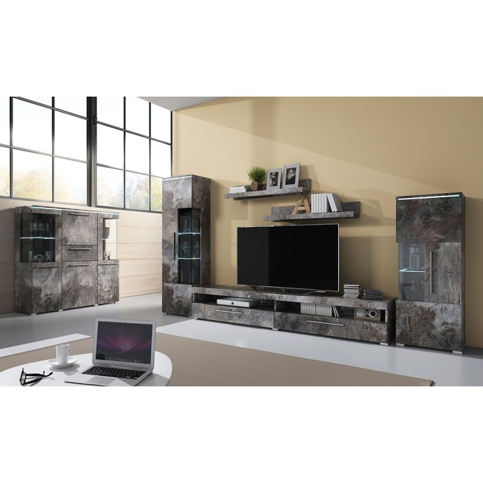 Vitrine haute design collection BOMBAY. Coloris gris effet ardoise. Ouverture Gauche