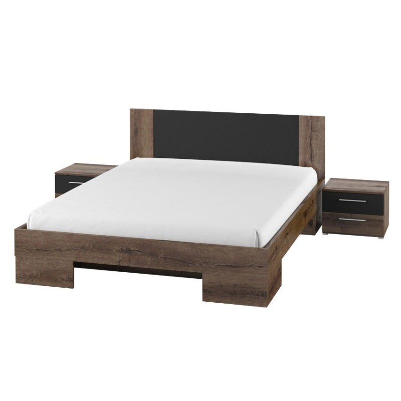 Lit adulte 160x200 collection IRINA. Coloris chêne foncé et noir