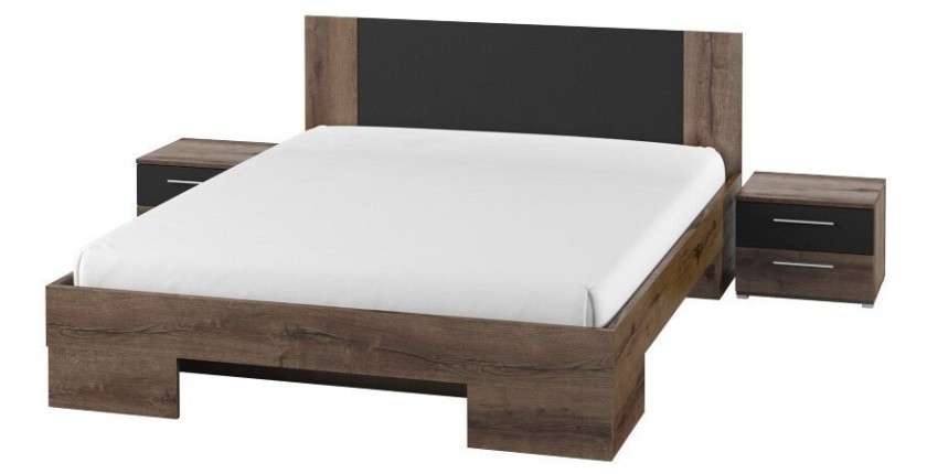 Lit adulte 160x200 collection IRINA. Coloris chêne foncé et noir