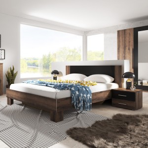Lit adulte 160x200 collection IRINA. Coloris chêne foncé et noir