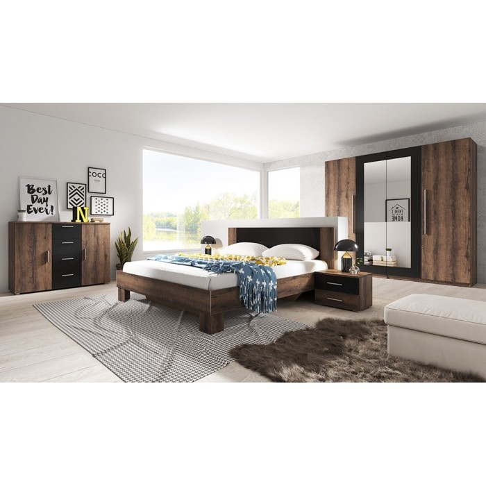 Lit adulte 160x200 collection IRINA. Coloris chêne foncé et noir