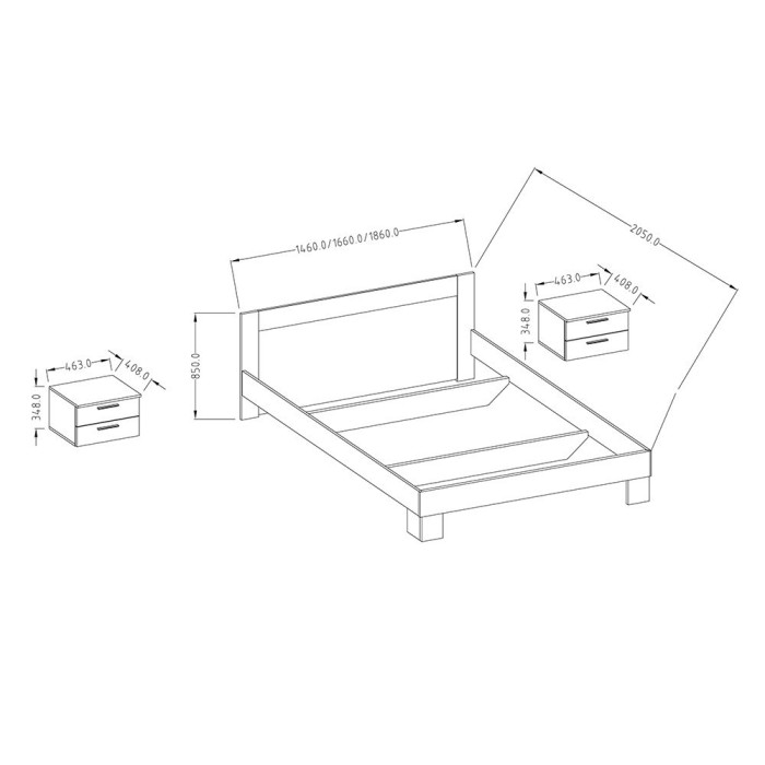 Lit adulte 160x200 collection IRINA. Coloris chêne foncé et noir