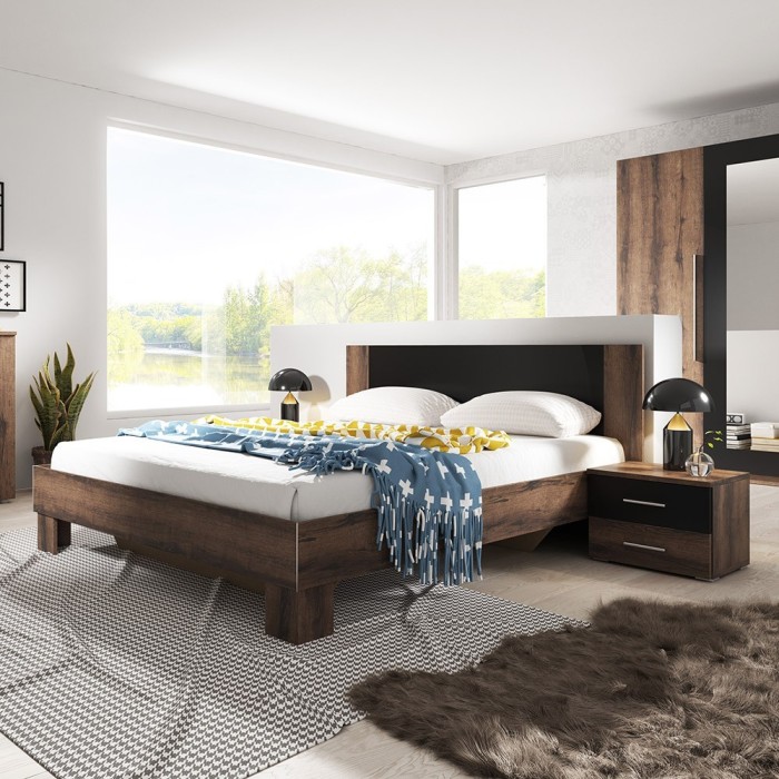 Lit adulte 180x200 collection IRINA. Coloris chêne foncé et noir