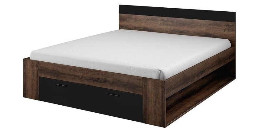 Lit adulte 160x200 avec tiroirs intégrés - Collection EOS. Coloris chêne foncé et noir