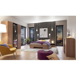 Lit adulte 160x200 collection IRINA. Chevets intégrés. Coloris Red Wallnut et noir