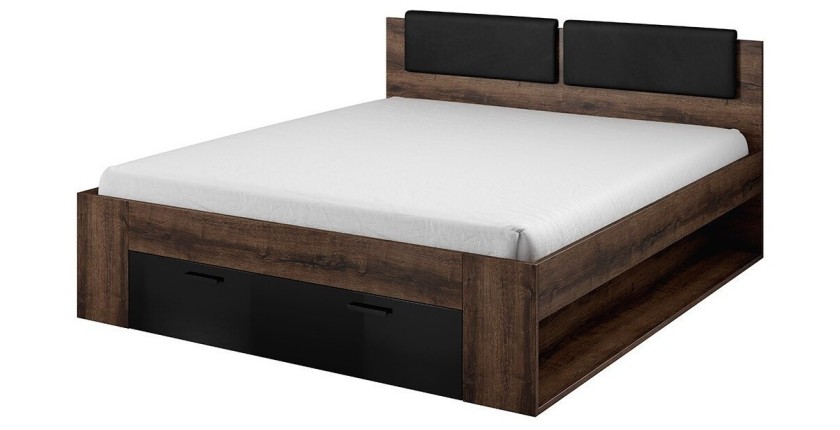 Lit adulte 160x200 avec tiroirs intégrés - Collection FLOYD. Coloris chêne foncé et noir