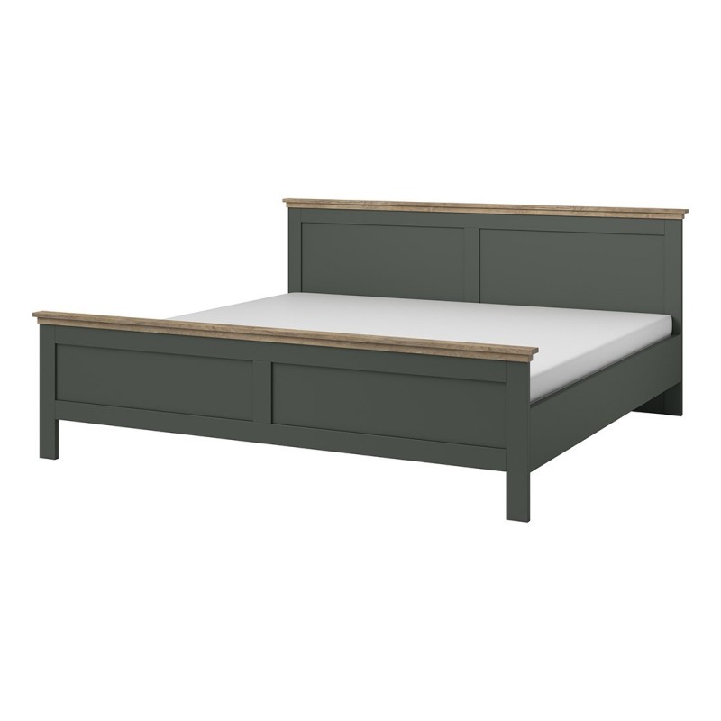 Lit adulte 180x200 collection ASSIA. Coloris vert kaki et finitions aspect chêne