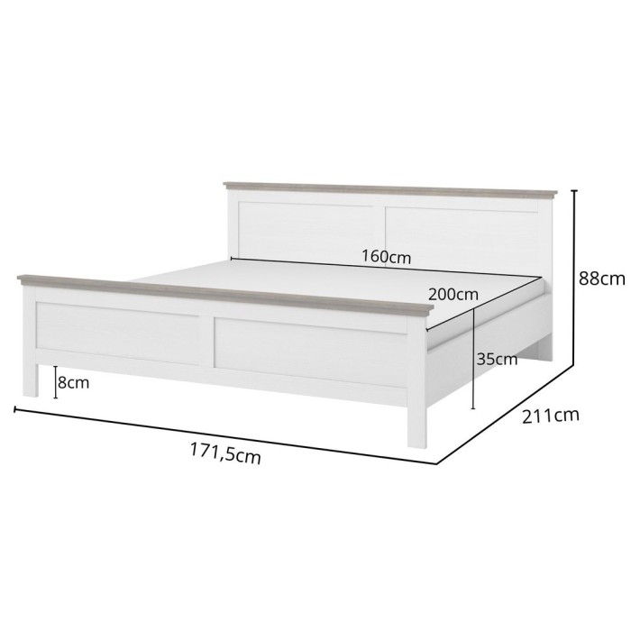 Lit adulte 140x200 collection ASSIA. Coloris blanc et finitions aspect chêne