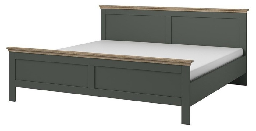 Lit adulte 140x200 collection ASSIA. Coloris vert kaki et finitions aspect chêne