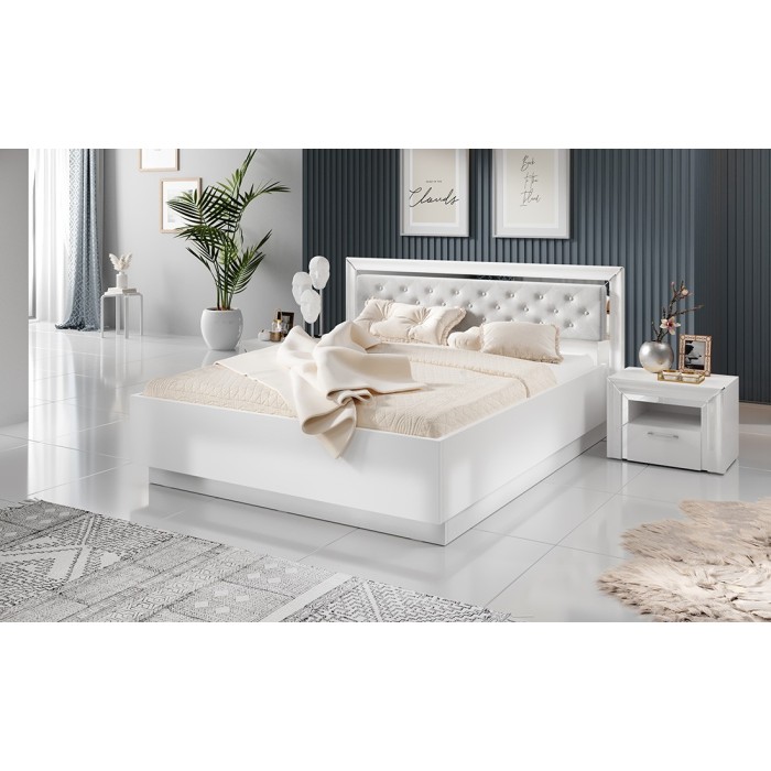 Lit adulte 160x200 collection DOHA. Coloris blanc et argent