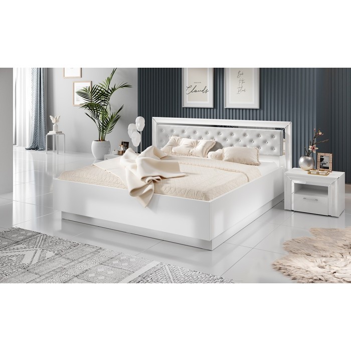 Lit adulte 180x200 collection DOHA. Coloris blanc et argent