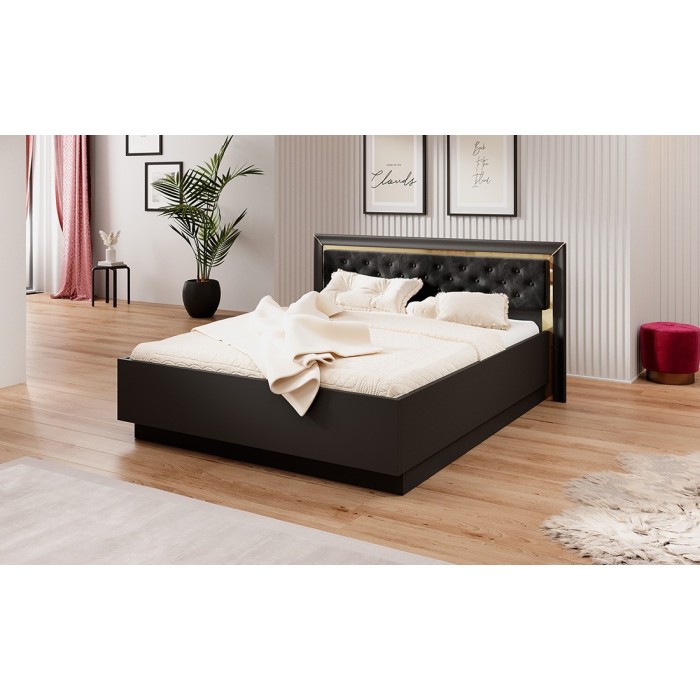 Lit adulte 160x200 collection DOHA. Coloris noir mat et dorées