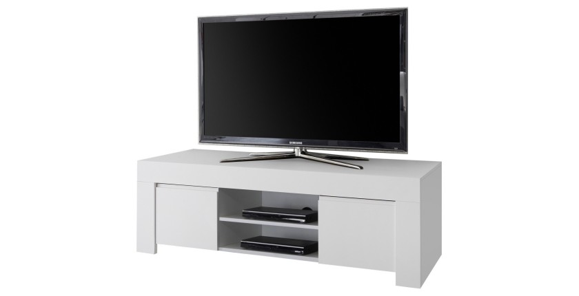 Meuble TV 2 portes, collection ZEFIR, coloris blanc mat, idéal pour un salon tendance et moderne