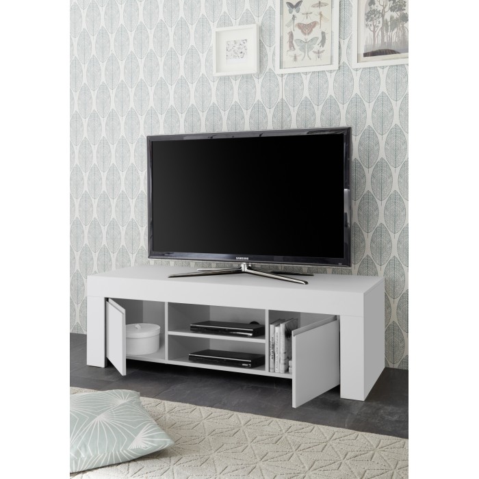 Meuble TV 2 portes, collection ZEFIR, coloris blanc mat, idéal pour un salon tendance et moderne